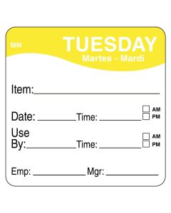DAY OF WEEK PREP LABELS 51MM TUESDAY/YELLOW - 500 PER ROLL