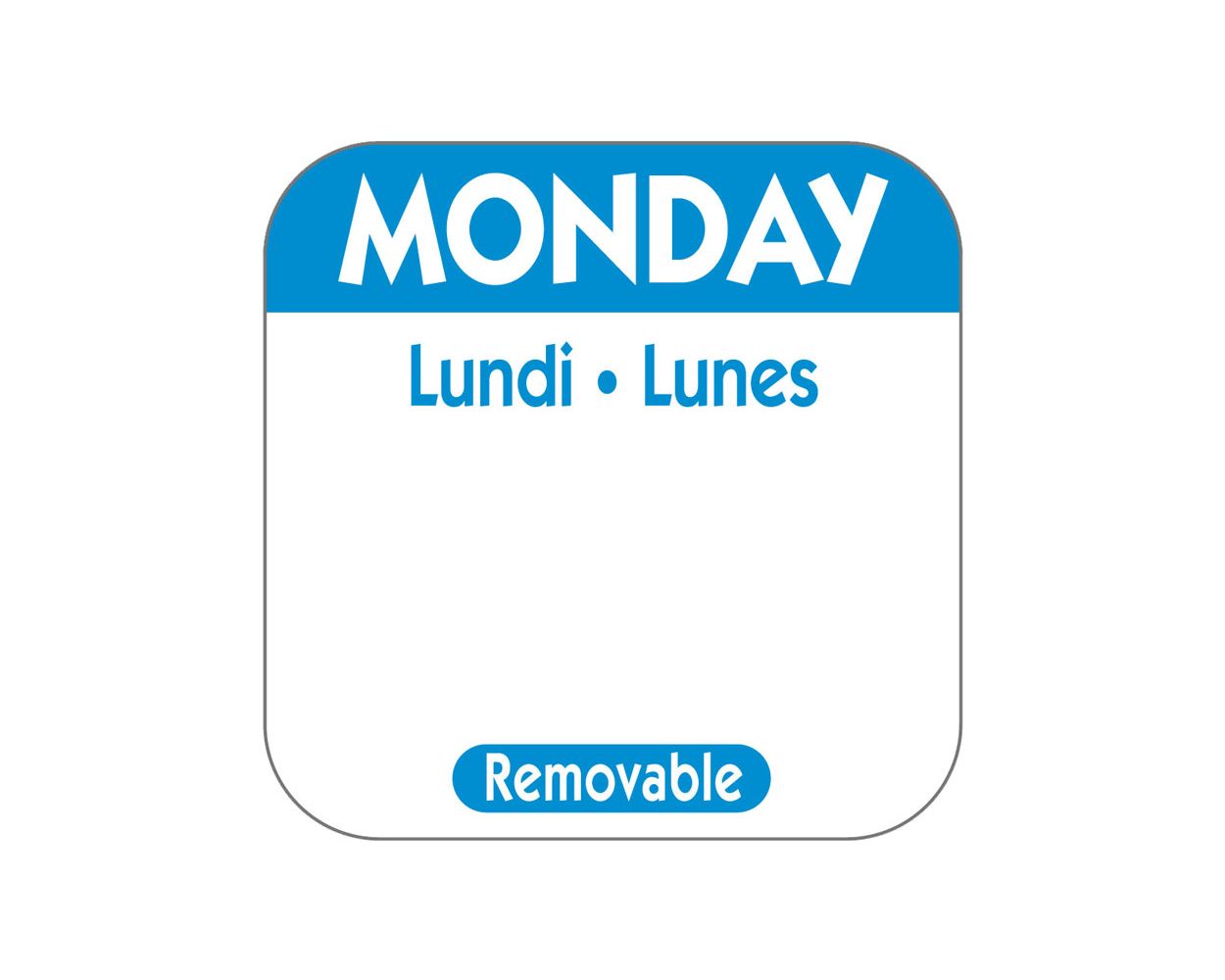 1" SQUARE TRILINGUAL DAY LABEL MONDAY   1000/ROLL